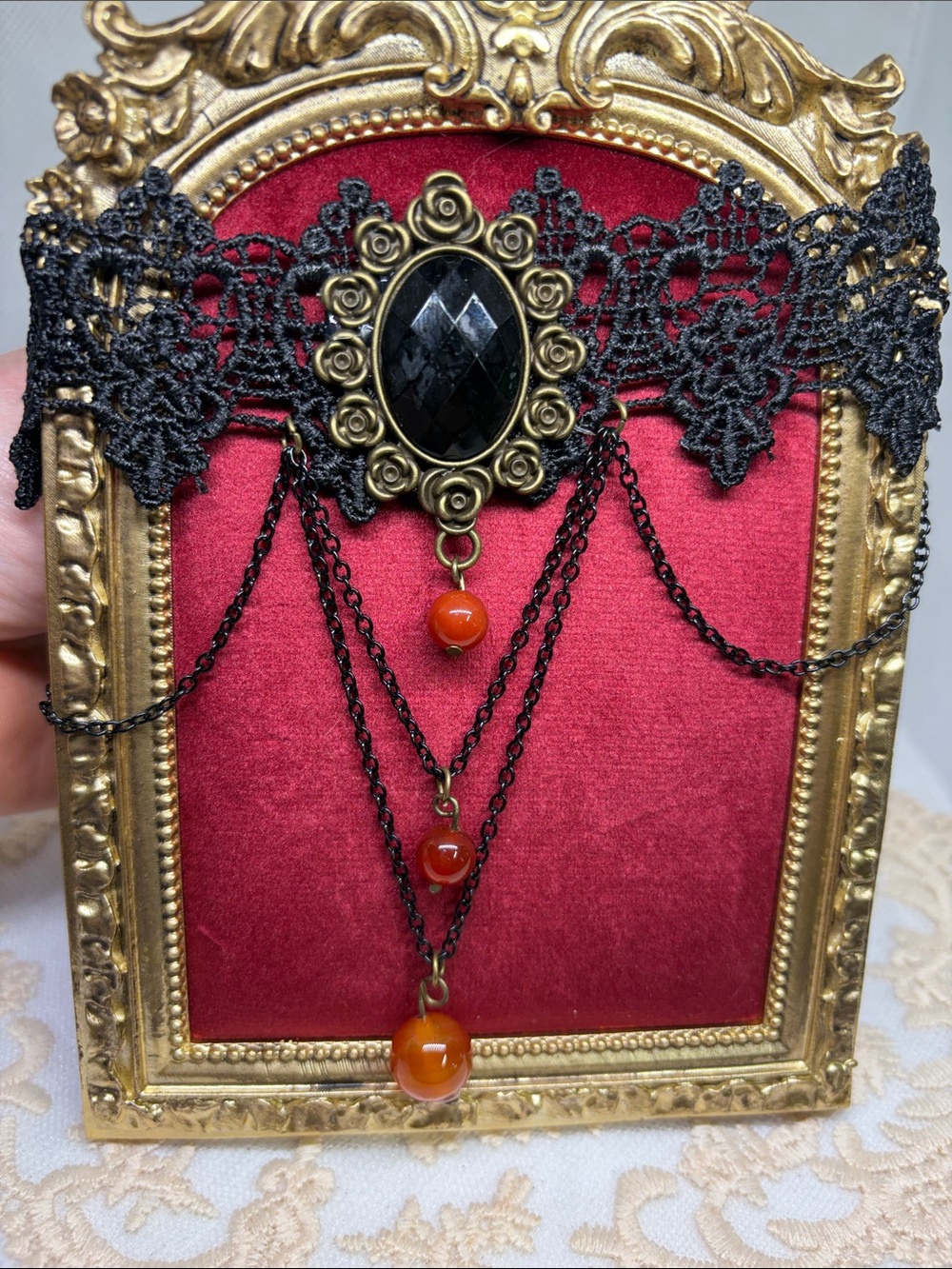 OOAK Gothic Lace Choker | Genuine Carnelian | Dark Romantic Statement Necklace